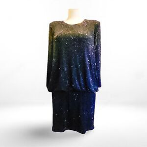 Vintage 80s Onyx Nite Black Sequined Blouson Dress – Size 18, Bubble Skirt, Goth